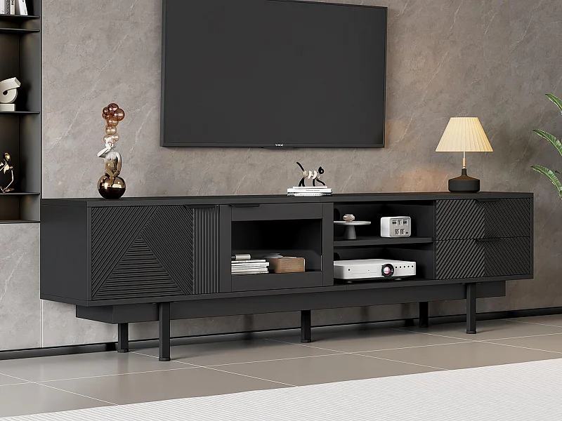 Meuble TV moderne 200x40x50,5 cm - avec 2 portes et 2 tiroirs - pour téléviseurs jusqu'à 80 pouces - noir