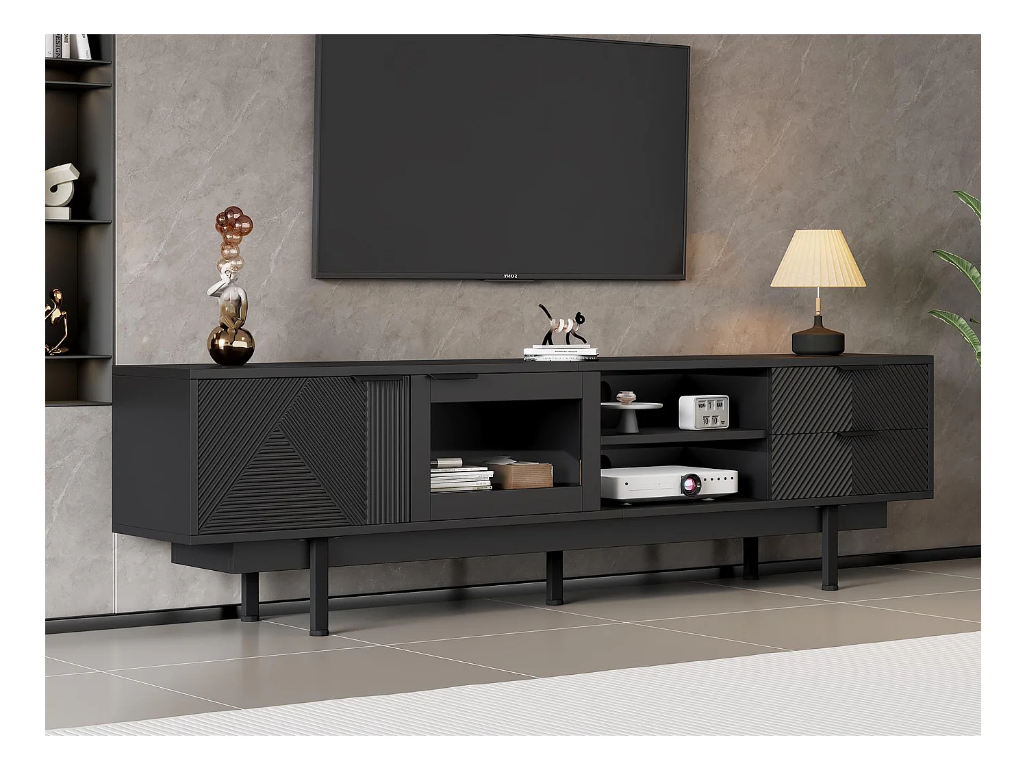 Meuble TV moderne 200x40x50,5 cm - avec 2 portes et 2 tiroirs - pour téléviseurs jusqu'à 80 pouces - noir