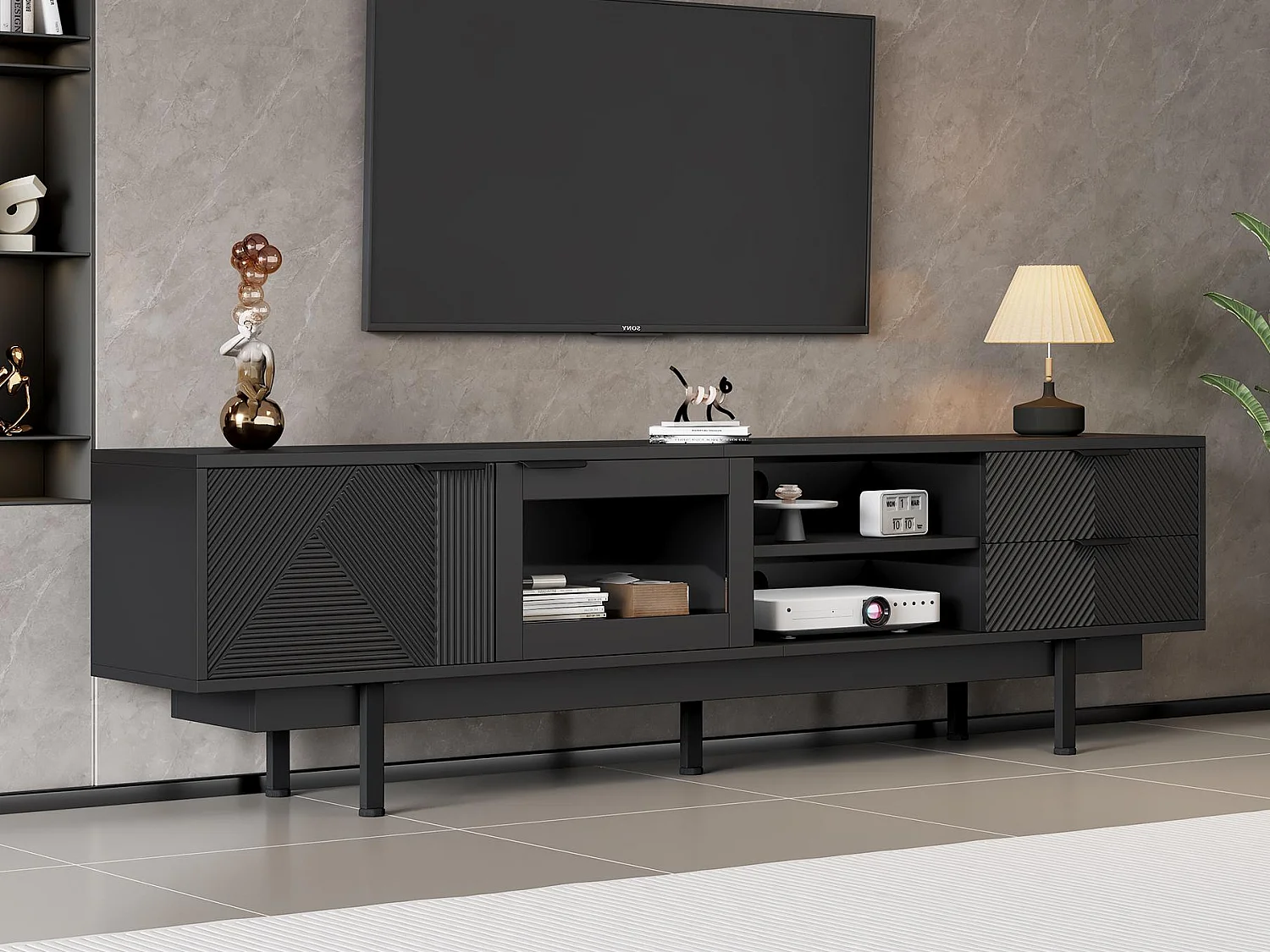 Moderne TV-Kommode 200×40×50,5 cm - mit 2 Türen und 2 Schubladen - für Fernseher bis 80 Zoll - schwarz