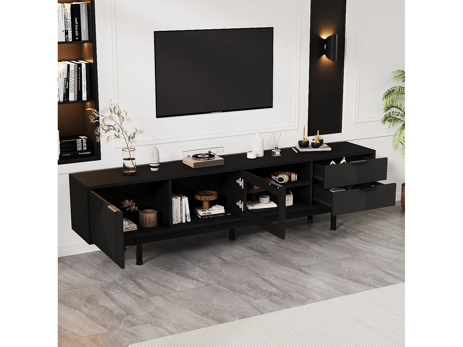 Moderne TV-Kommode 200×40×50,5 cm - mit 2 Türen und 2 Schubladen - für Fernseher bis 80 Zoll - schwarz
