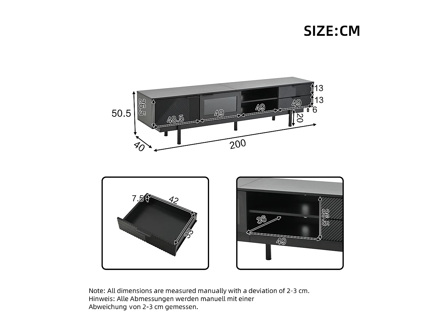 Moderne TV-Kommode 200×40×50,5 cm - mit 2 Türen und 2 Schubladen - für Fernseher bis 80 Zoll - schwarz