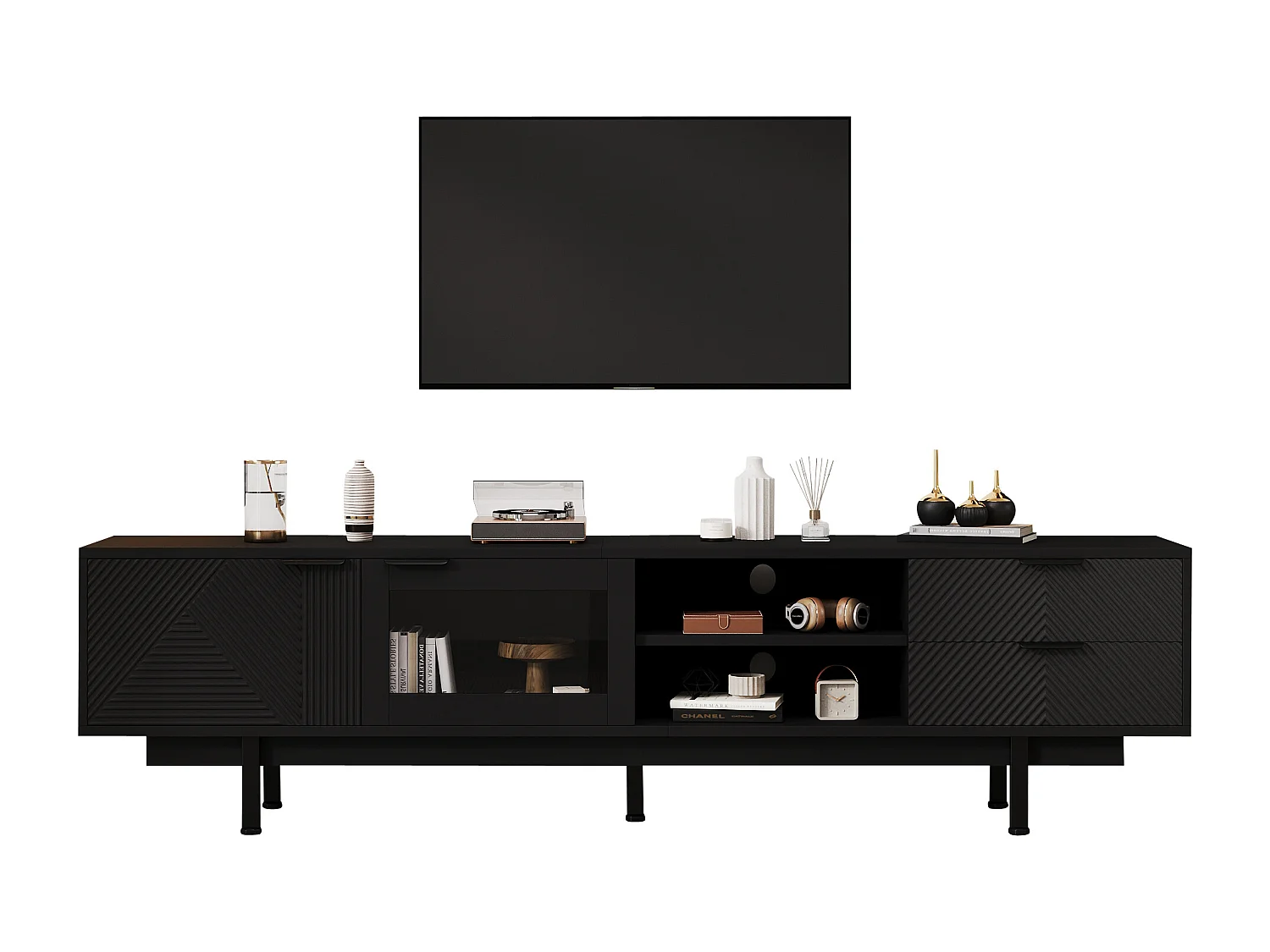 Moderne TV-Kommode 200×40×50,5 cm - mit 2 Türen und 2 Schubladen - für Fernseher bis 80 Zoll - schwarz