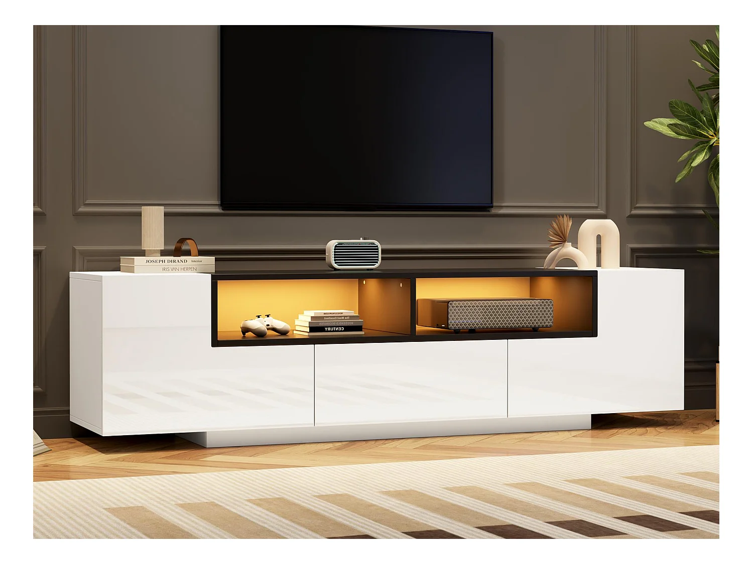 Mueble TV alto brillo 180×40×48 cm - con iluminación LED - 1 cajón y 2 puertas - para televisores de 75 pulgadas - blanco