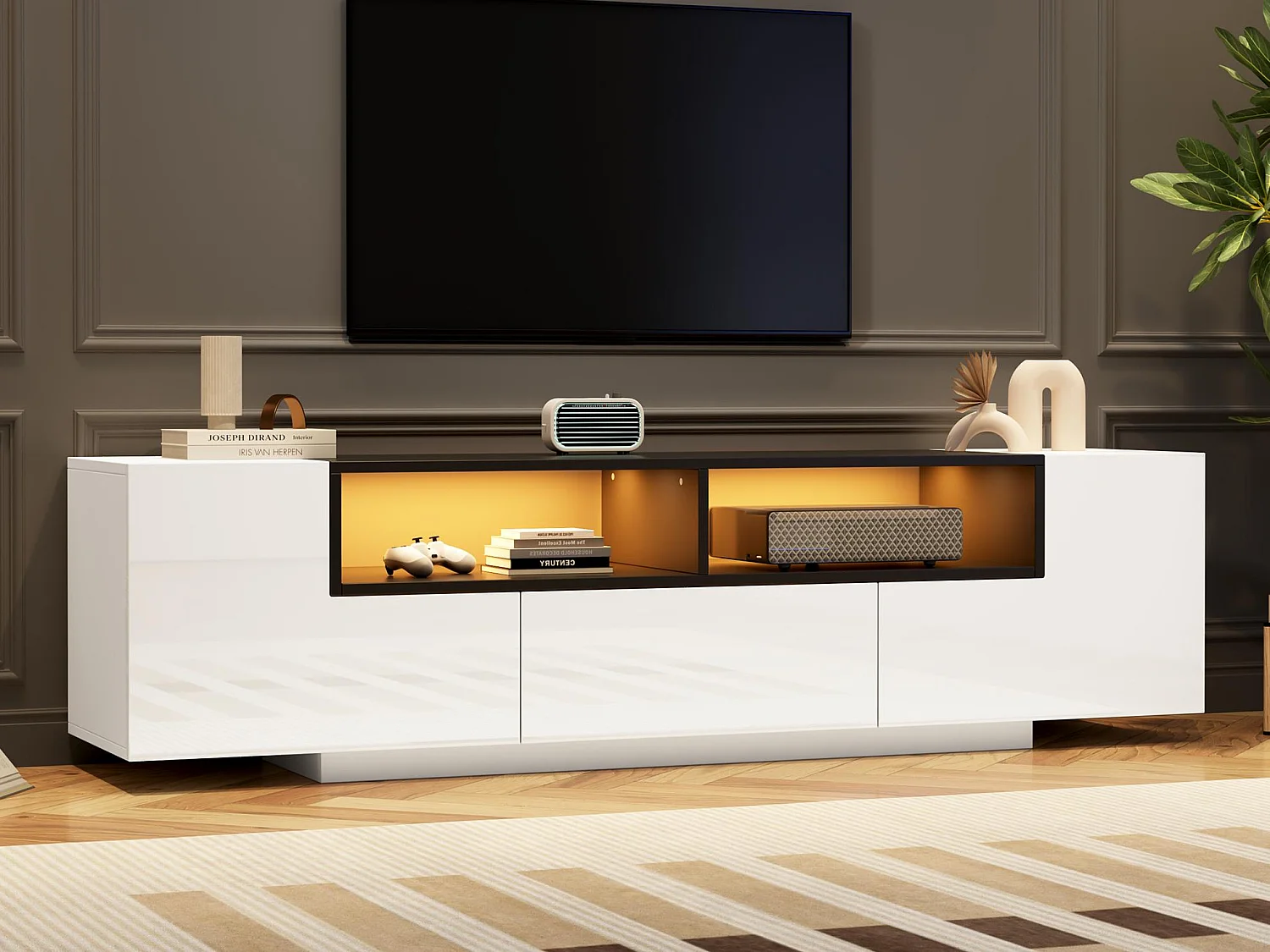 Meuble TV haute brillance 180x40x48 cm - avec éclairage LED - 1 tiroir et 2 portes - pour téléviseurs 75 pouces - blanc