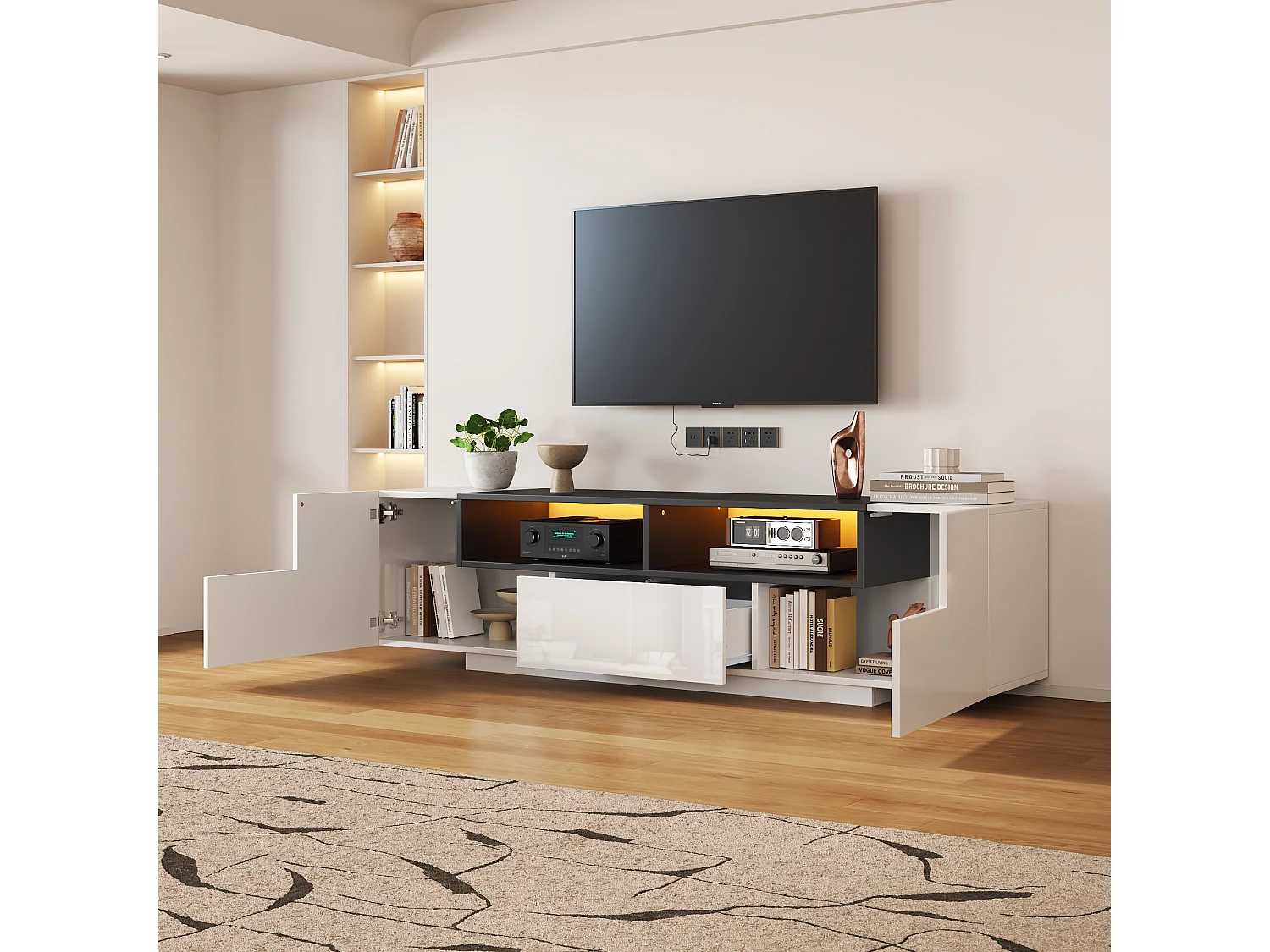 Meuble TV haute brillance 180x40x48 cm - avec éclairage LED - 1 tiroir et 2 portes - pour téléviseurs 75 pouces - blanc