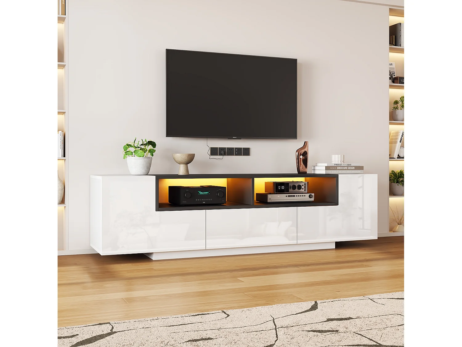Meuble TV haute brillance 180x40x48 cm - avec éclairage LED - 1 tiroir et 2 portes - pour téléviseurs 75 pouces - blanc