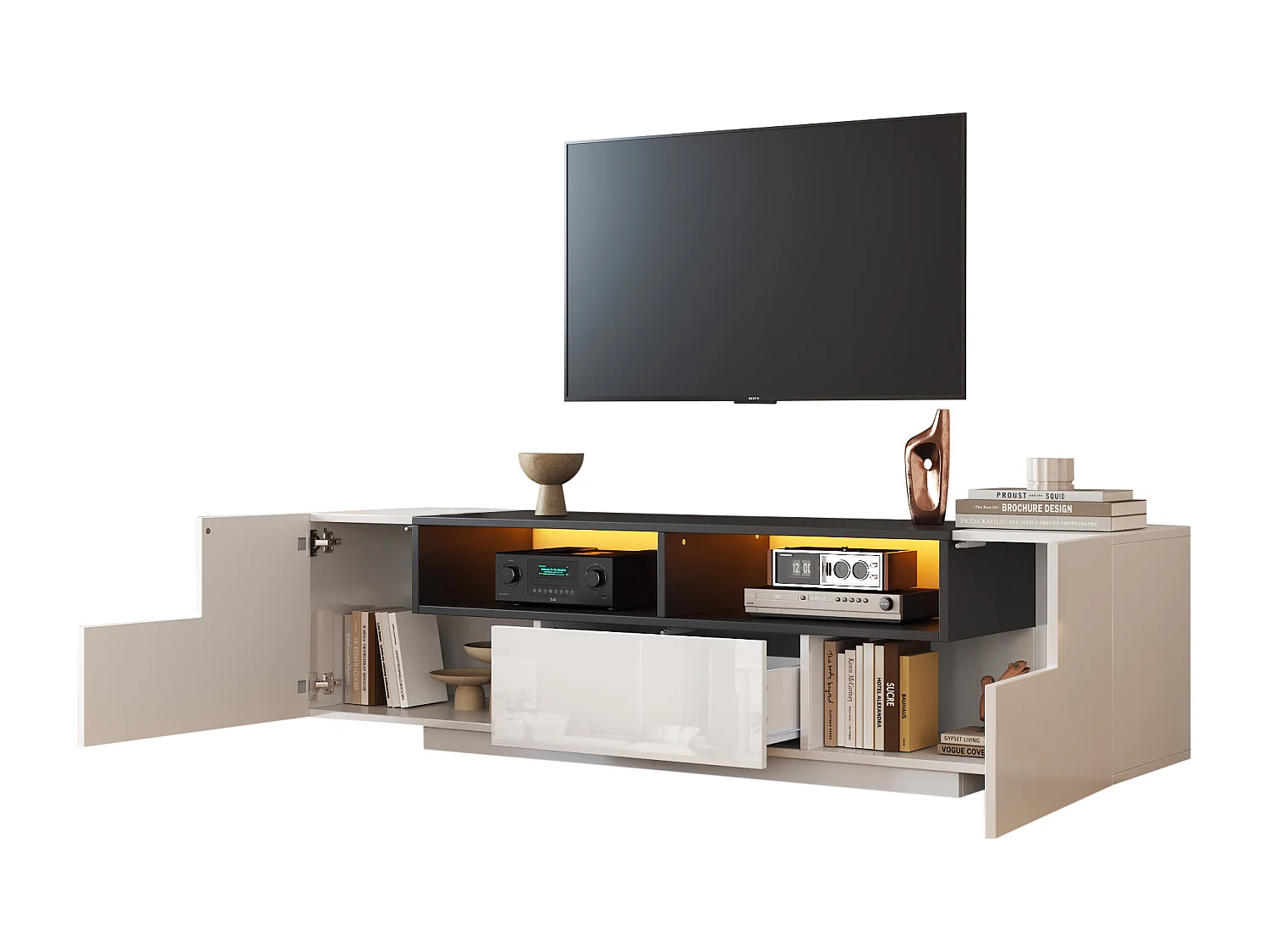 Meuble TV haute brillance 180x40x48 cm - avec éclairage LED - 1 tiroir et 2 portes - pour téléviseurs 75 pouces - blanc