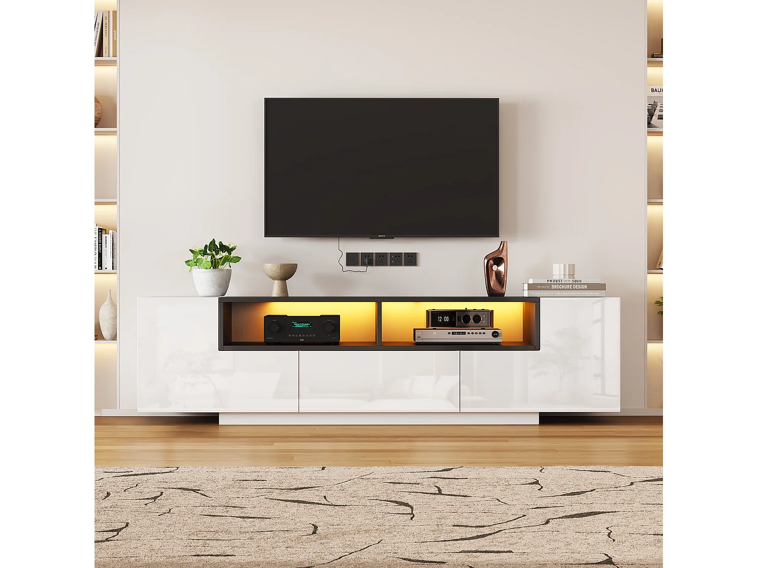 Højglans TV-bord 180x40x48 cm - med LED-belysning - 1 skuffe og 2 døre - til 75-tommer TV - Hvid