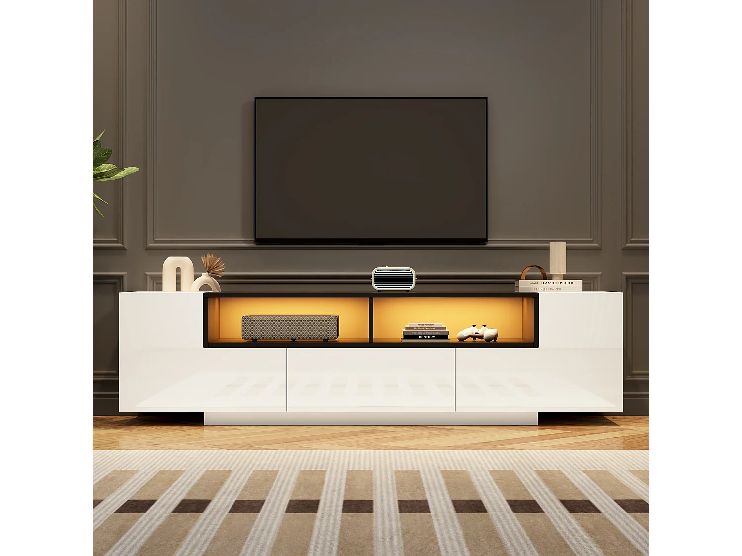 Højglans TV-bord 180x40x48 cm - med LED-belysning - 1 skuffe og 2 døre - til 75-tommer TV - Hvid