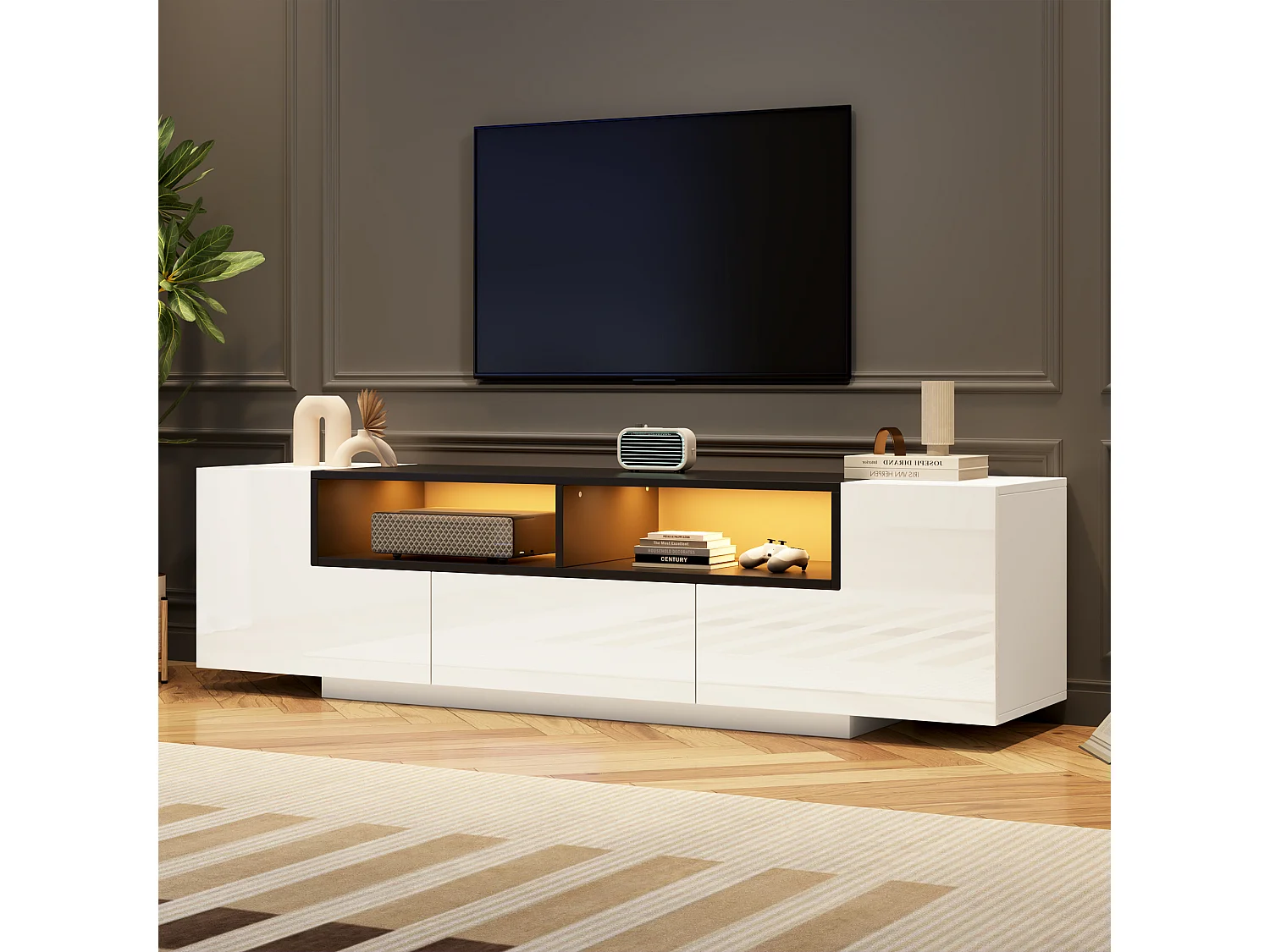 Højglans TV-bord 180x40x48 cm - med LED-belysning - 1 skuffe og 2 døre - til 75-tommer TV - Hvid