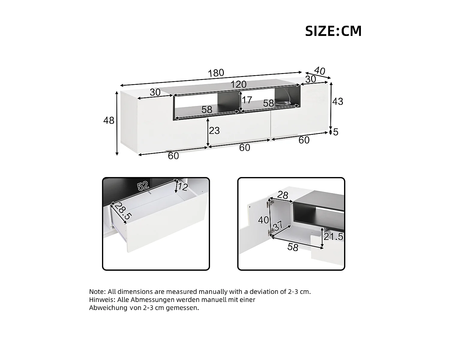 Højglans TV-bord 180x40x48 cm - med LED-belysning - 1 skuffe og 2 døre - til 75-tommer TV - Hvid