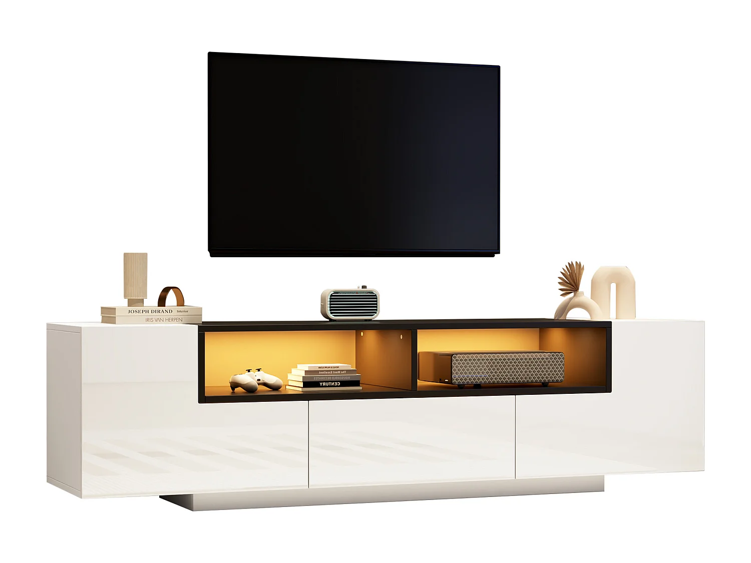 Højglans TV-bord 180x40x48 cm - med LED-belysning - 1 skuffe og 2 døre - til 75-tommer TV - Hvid