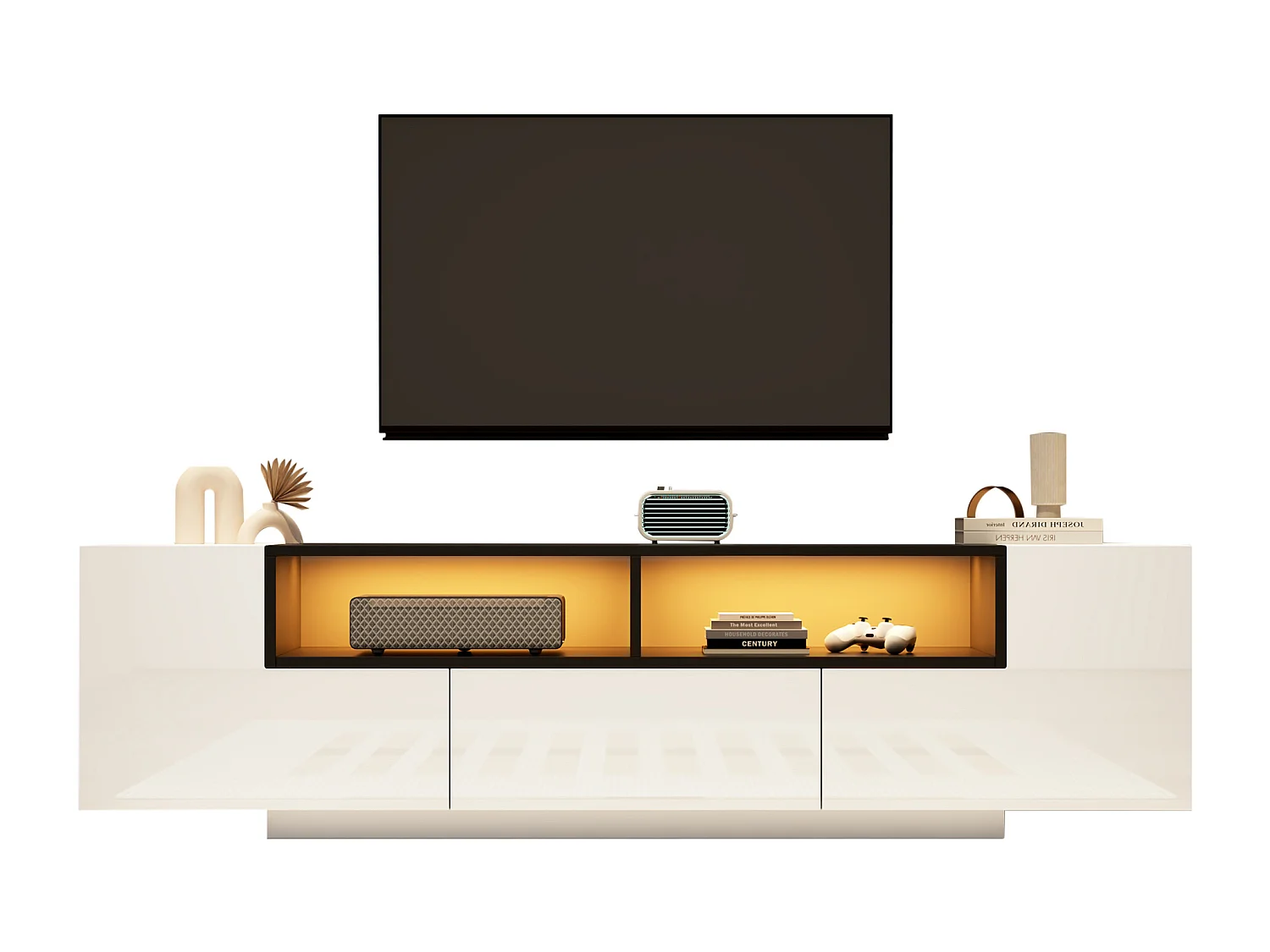 Højglans TV-bord 180x40x48 cm - med LED-belysning - 1 skuffe og 2 døre - til 75-tommer TV - Hvid