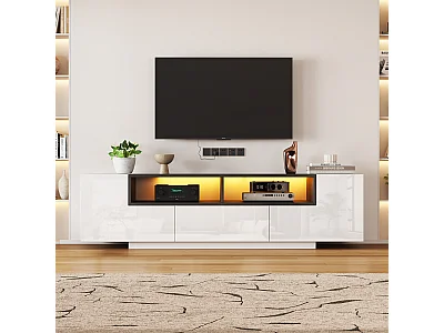 Meuble TV haute brillance 180x40x48 cm - avec éclairage LED - 1 tiroir et 2 portes - pour téléviseurs 75 pouces - blanc