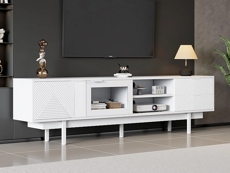 Meuble TV moderne 200x40x50,5 cm - avec 2 portes et 2 tiroirs - pour téléviseurs jusqu'à 80 pouces - blanc