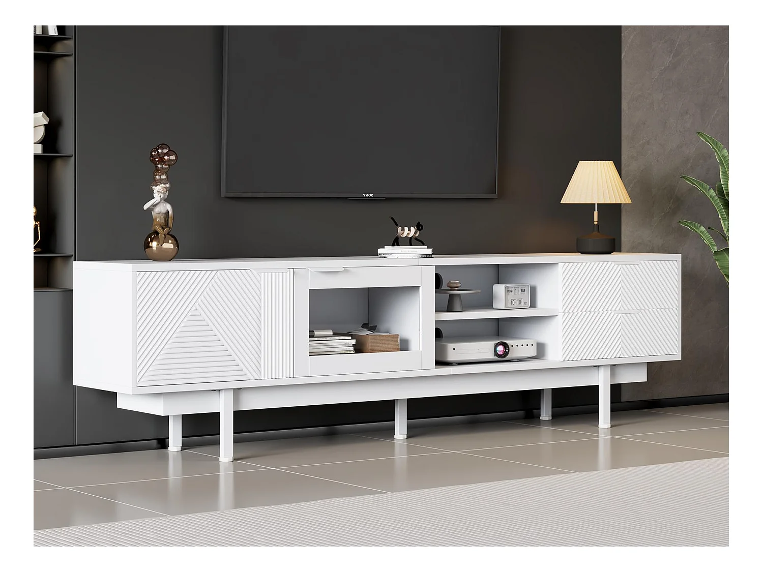 Meuble TV moderne 200x40x50,5 cm - avec 2 portes et 2 tiroirs - pour téléviseurs jusqu'à 80 pouces - blanc