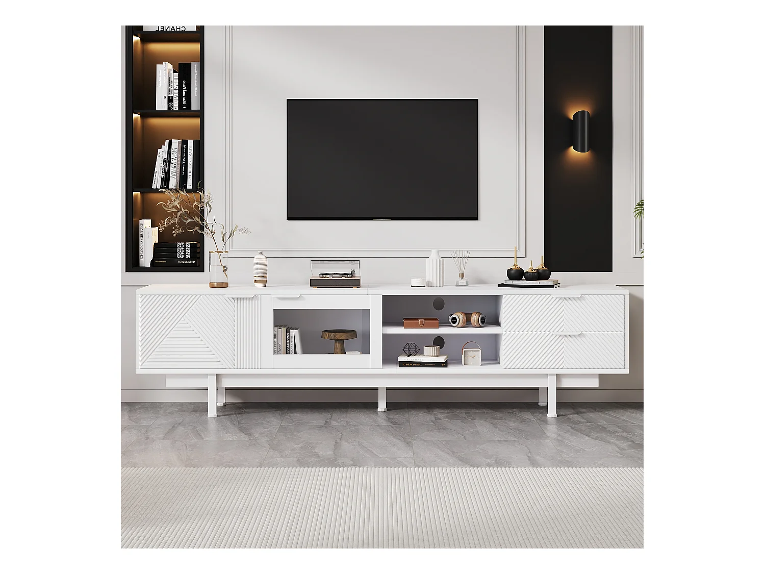 Meuble TV moderne 200x40x50,5 cm - avec 2 portes et 2 tiroirs - pour téléviseurs jusqu'à 80 pouces - blanc