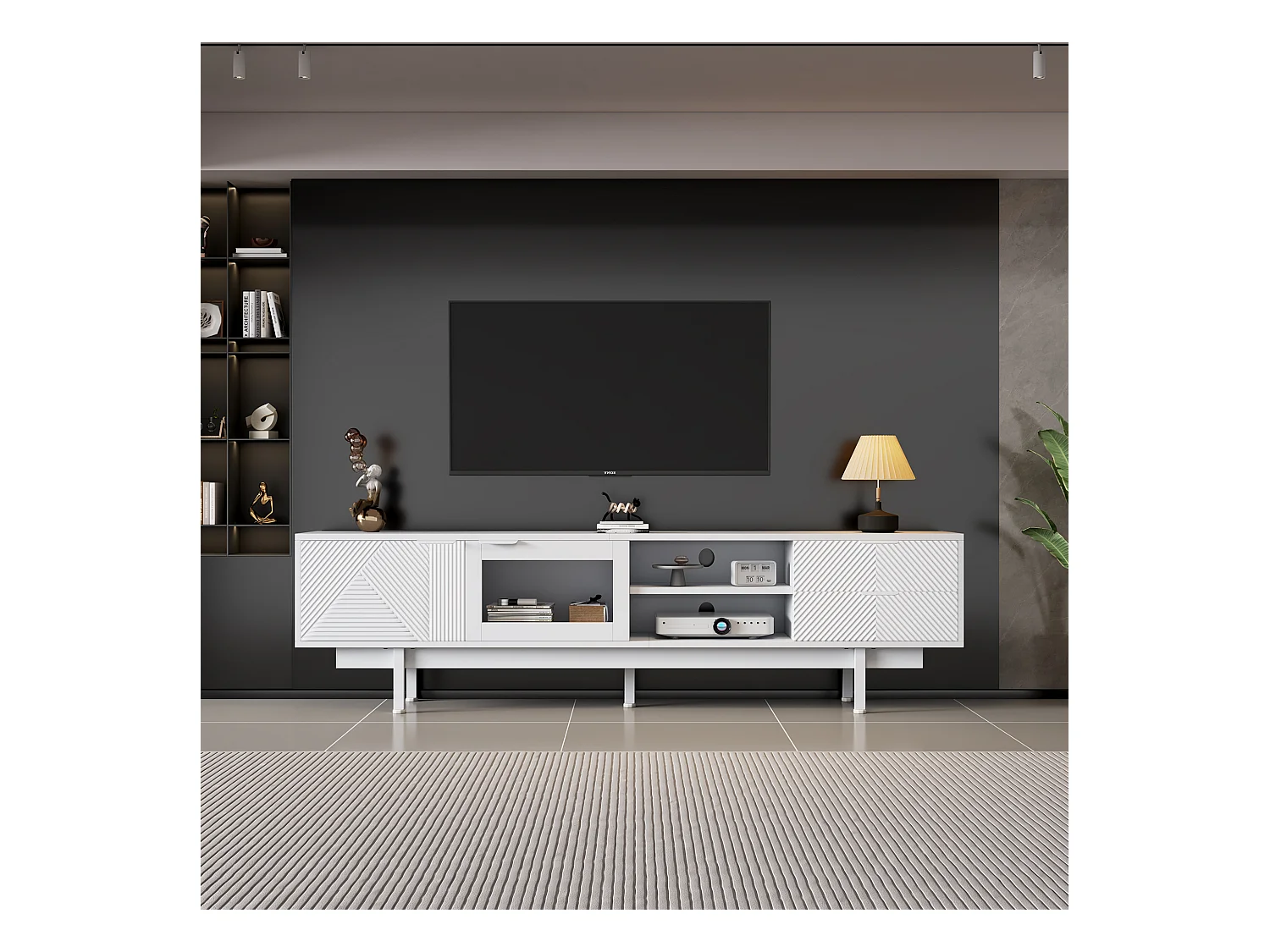 Meuble TV moderne 200x40x50,5 cm - avec 2 portes et 2 tiroirs - pour téléviseurs jusqu'à 80 pouces - blanc