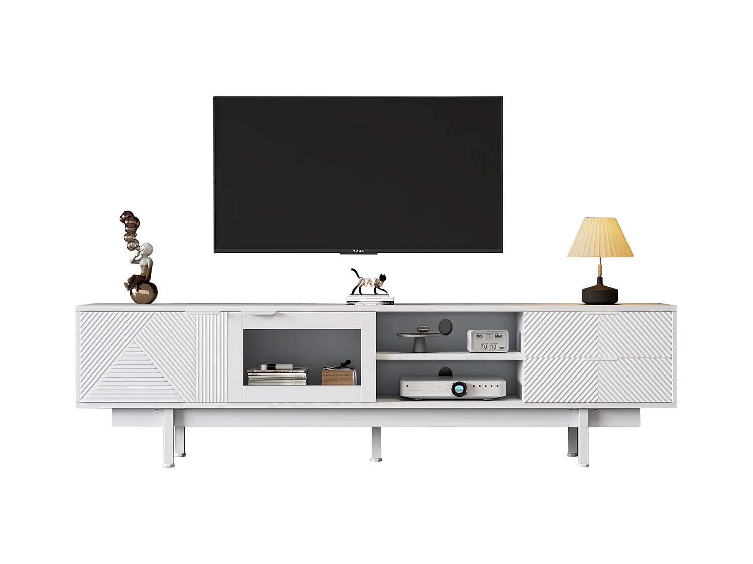 Meuble TV moderne 200x40x50,5 cm - avec 2 portes et 2 tiroirs - pour téléviseurs jusqu'à 80 pouces - blanc
