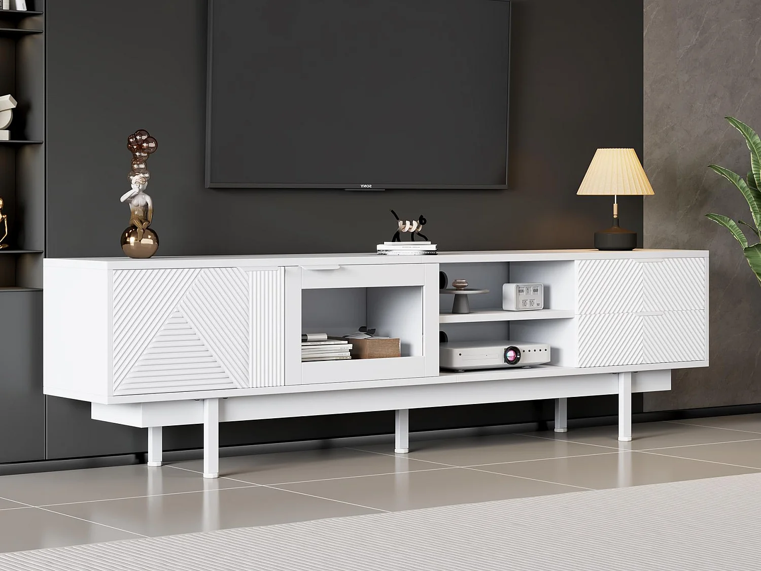 Moderne TV-Kommode 200×40×50,5 cm - mit 2 Türen und 2 Schubladen - für Fernseher bis 80 Zoll - weiß