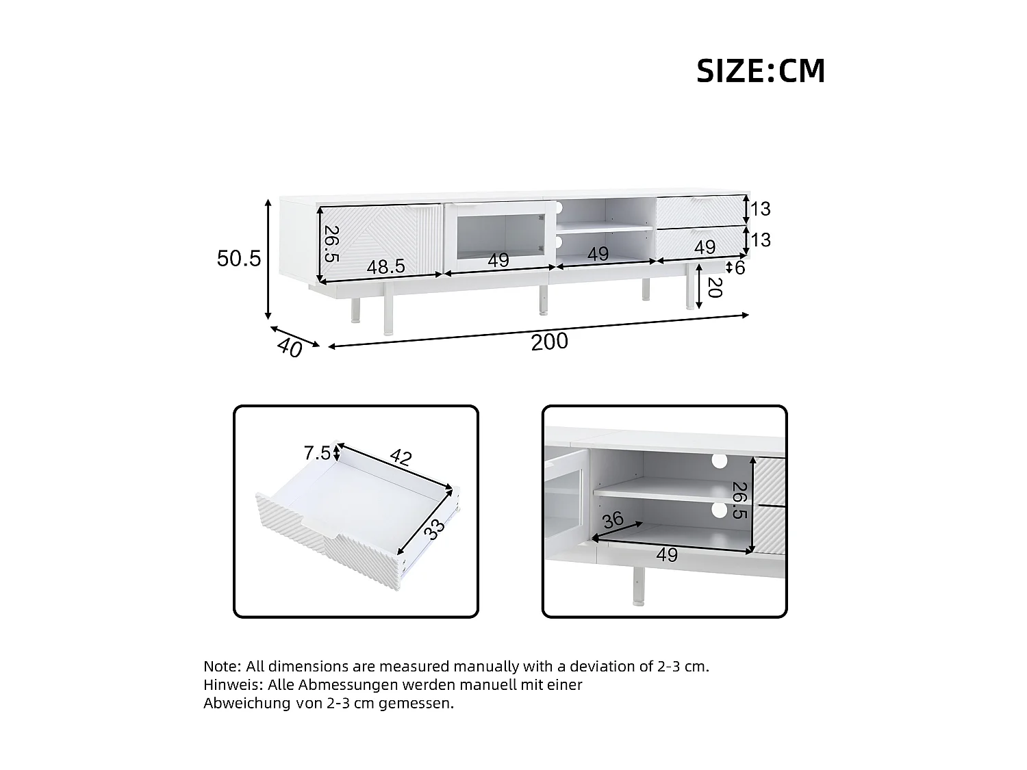 Moderne TV-Kommode 200×40×50,5 cm - mit 2 Türen und 2 Schubladen - für Fernseher bis 80 Zoll - weiß