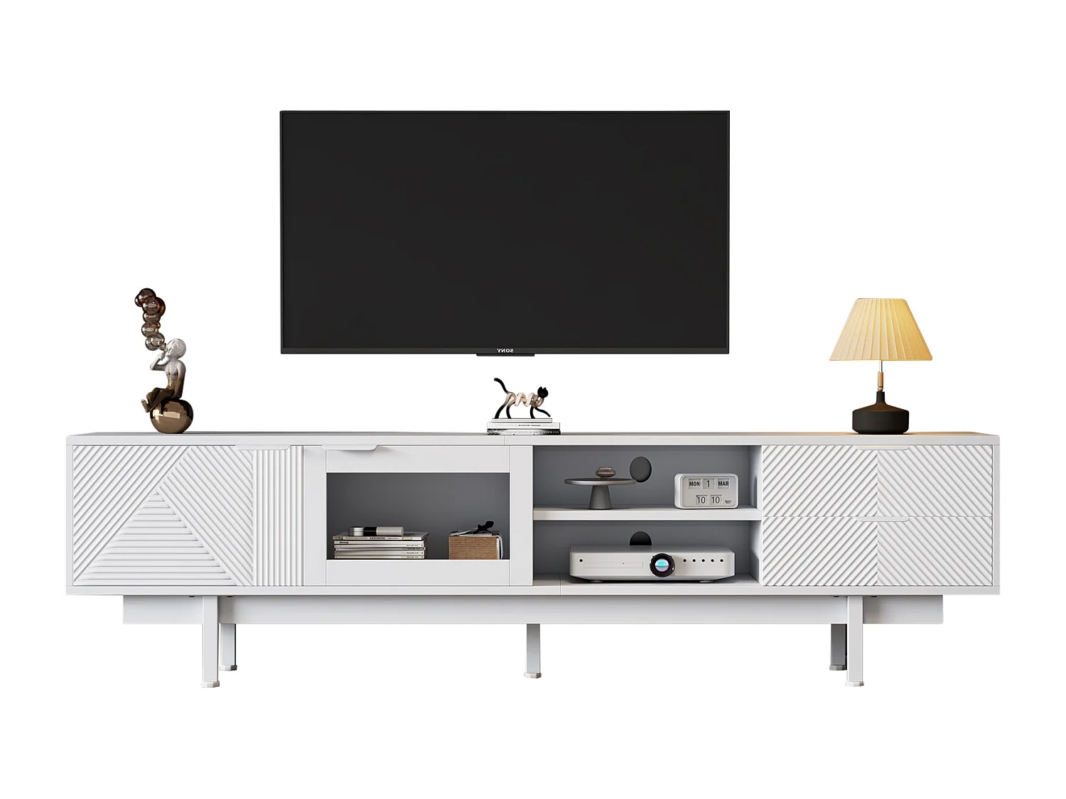 Moderne TV-Kommode 200×40×50,5 cm - mit 2 Türen und 2 Schubladen - für Fernseher bis 80 Zoll - weiß