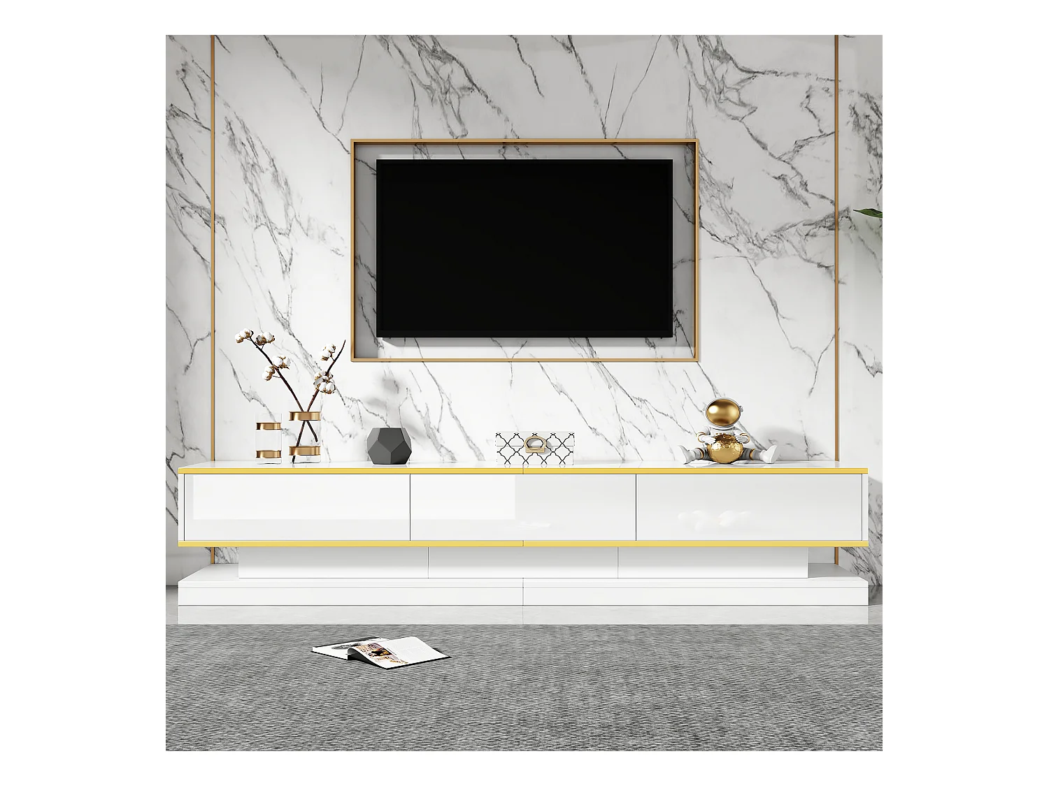 Mueble TV brillante 200×40×40 cm - 3 cajones - Tablero de partículas - Blanco