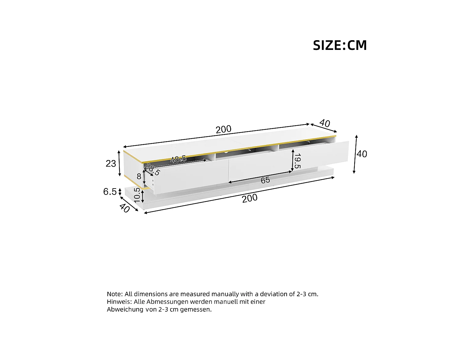 Mueble TV brillante 200×40×40 cm - 3 cajones - Tablero de partículas - Blanco