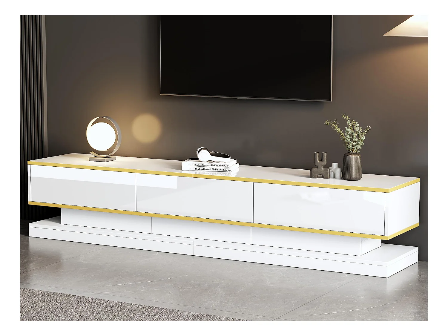 Meuble TV brillant 200x40x40 cm - 3 tiroirs - Panneaux de particules - Blanc
