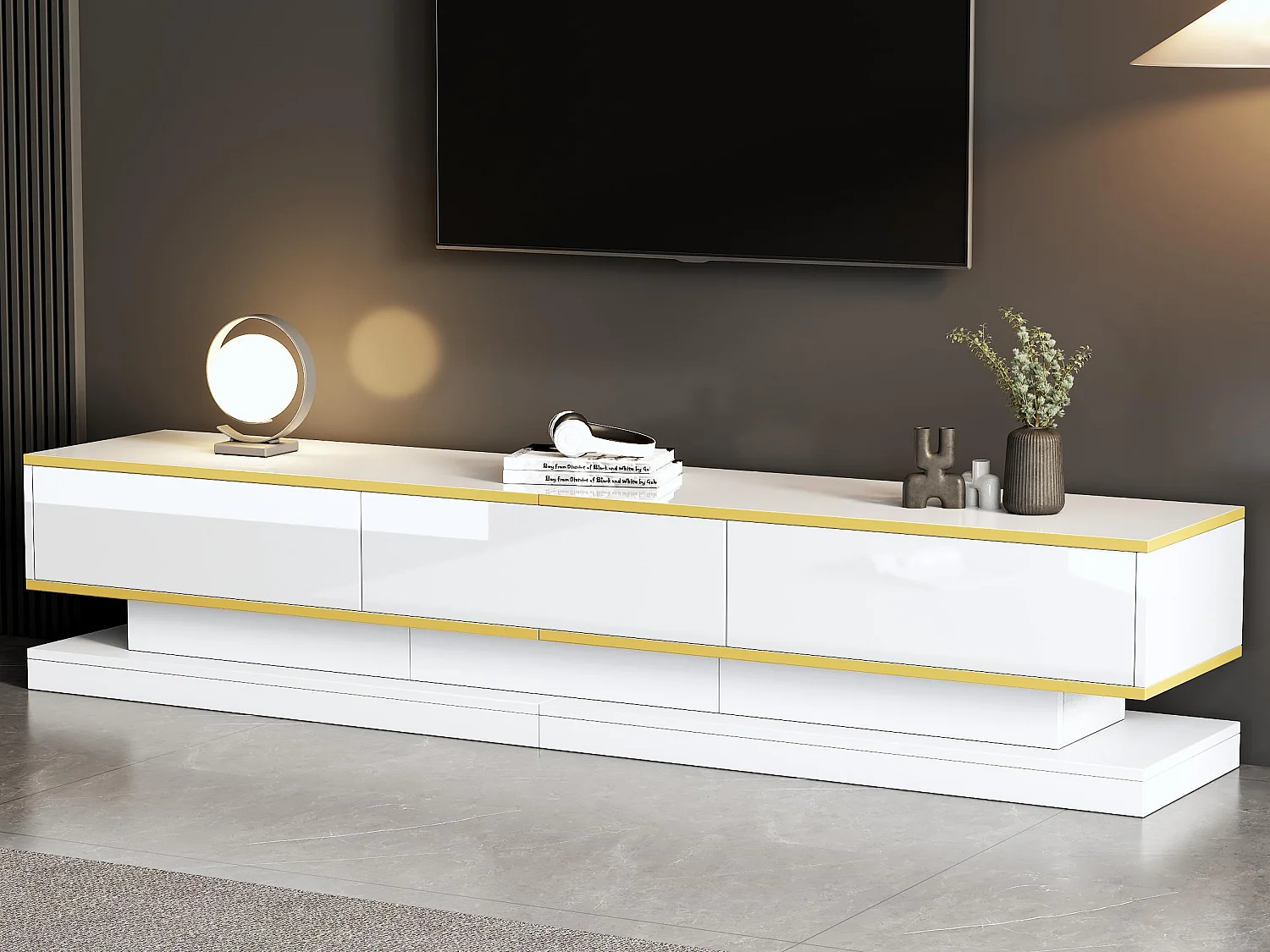 Meuble TV brillant 200x40x40 cm - 3 tiroirs - Panneaux de particules - Blanc