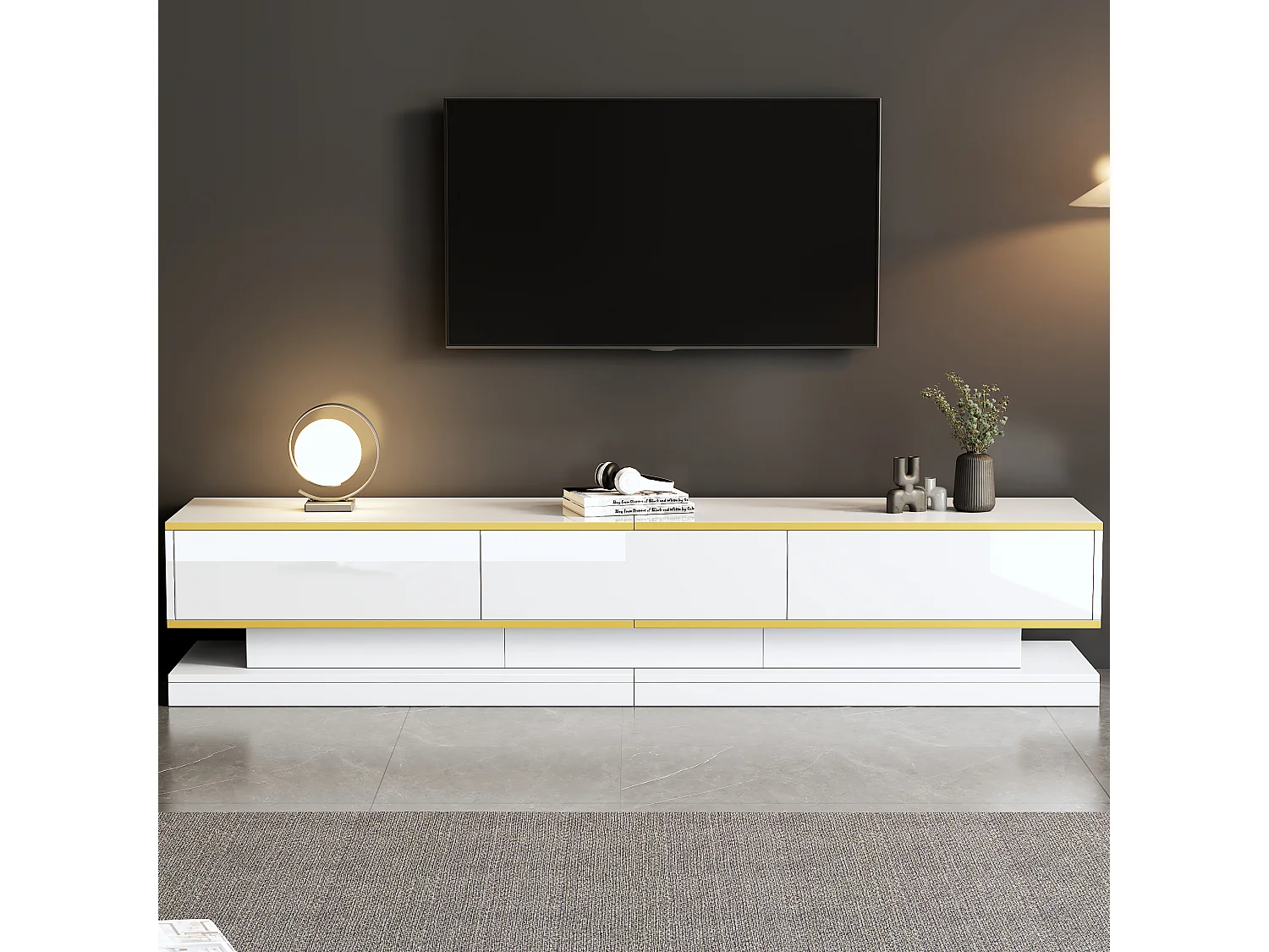 Meuble TV brillant 200x40x40 cm - 3 tiroirs - Panneaux de particules - Blanc