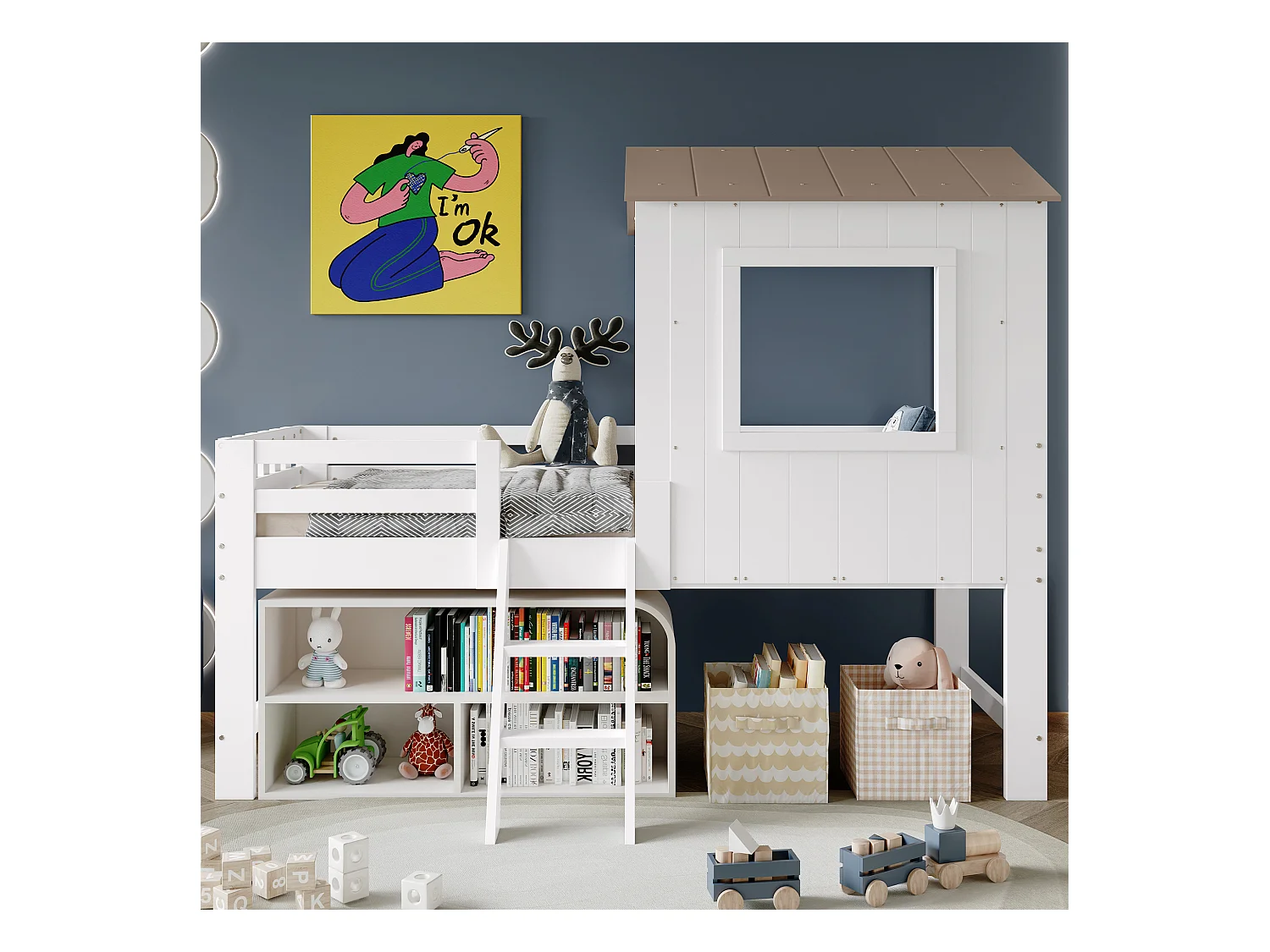 Lit mezzanine 90x200cm - avec toit et garde-corps - échelle à 2 marches - bois massif + MDF - Blanc + Naturel