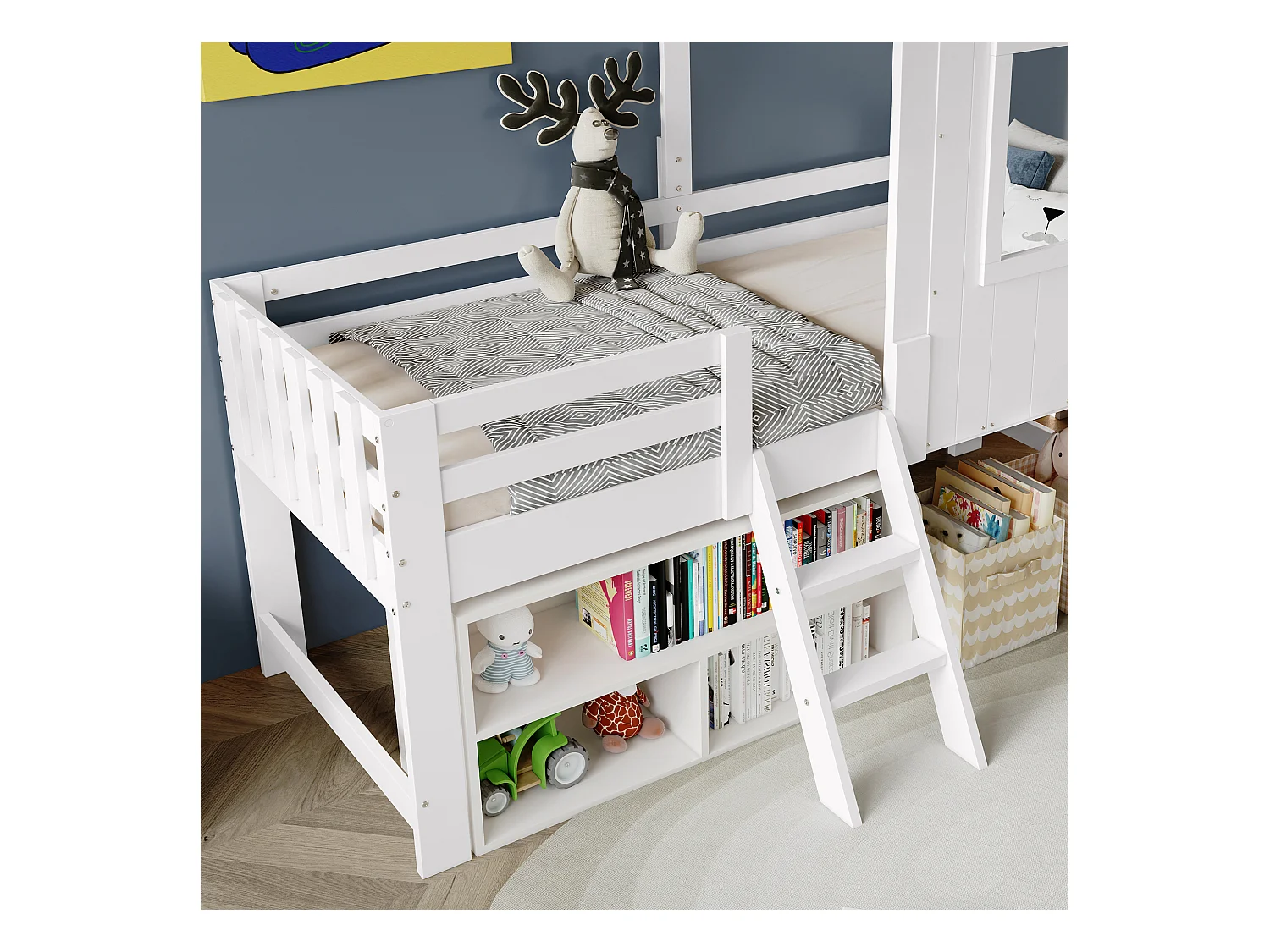 Lit mezzanine 90x200cm - avec toit et garde-corps - échelle à 2 marches - bois massif + MDF - Blanc + Naturel