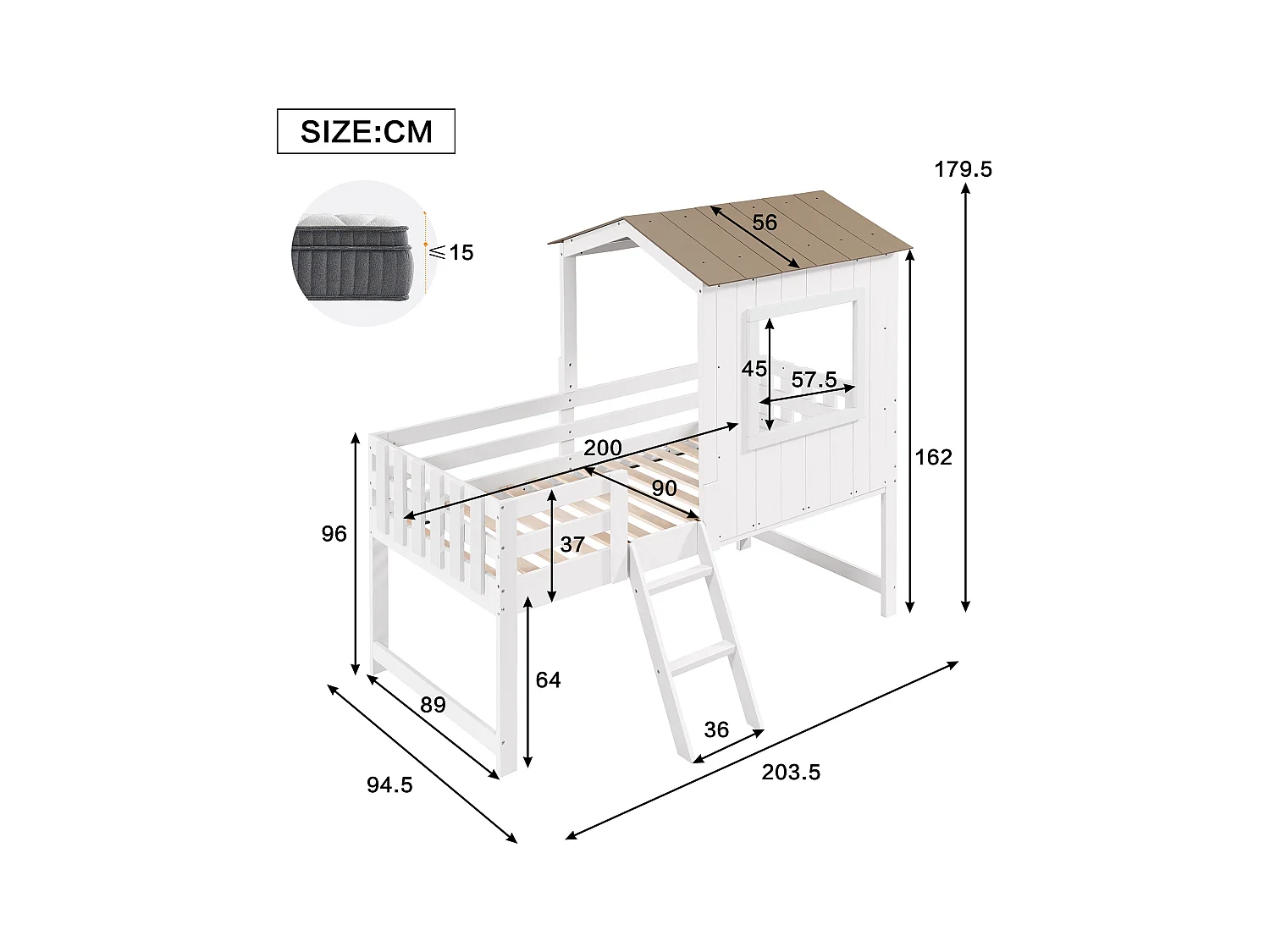 Lit mezzanine 90x200cm - avec toit et garde-corps - échelle à 2 marches - bois massif + MDF - Blanc + Naturel