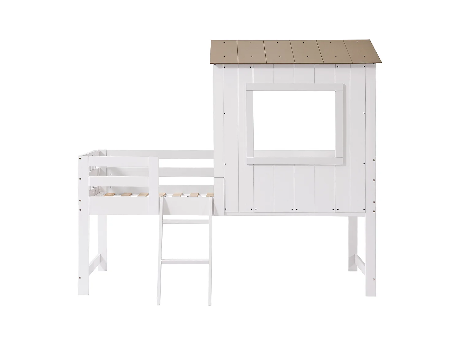 Lit mezzanine 90x200cm - avec toit et garde-corps - échelle à 2 marches - bois massif + MDF - Blanc + Naturel