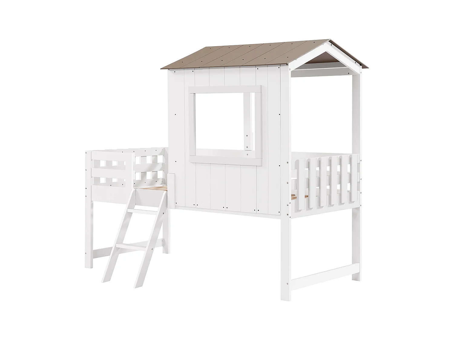 Lit mezzanine 90x200cm - avec toit et garde-corps - échelle à 2 marches - bois massif + MDF - Blanc + Naturel