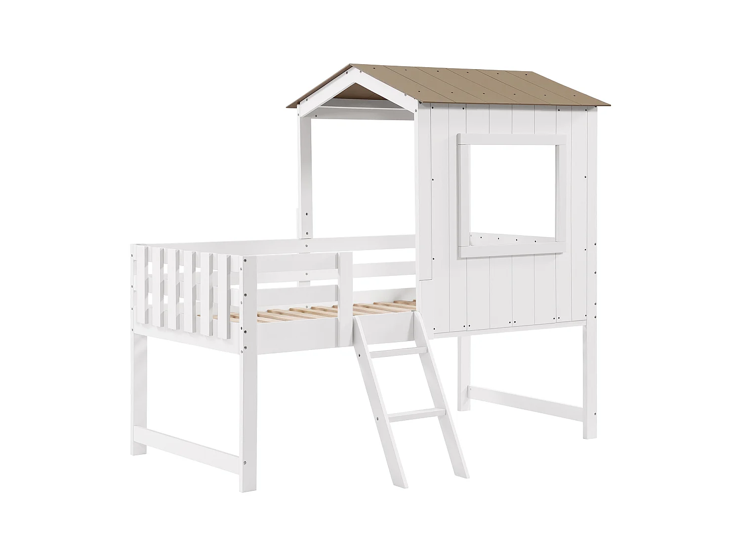 Lit mezzanine 90x200cm - avec toit et garde-corps - échelle à 2 marches - bois massif + MDF - Blanc + Naturel