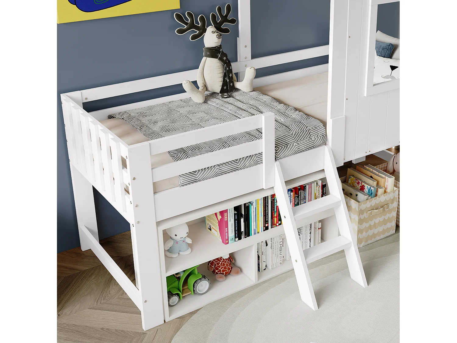 Lit mezzanine 90x200cm - avec toit et garde-corps - échelle à 2 marches - bois massif + MDF - Blanc + Naturel