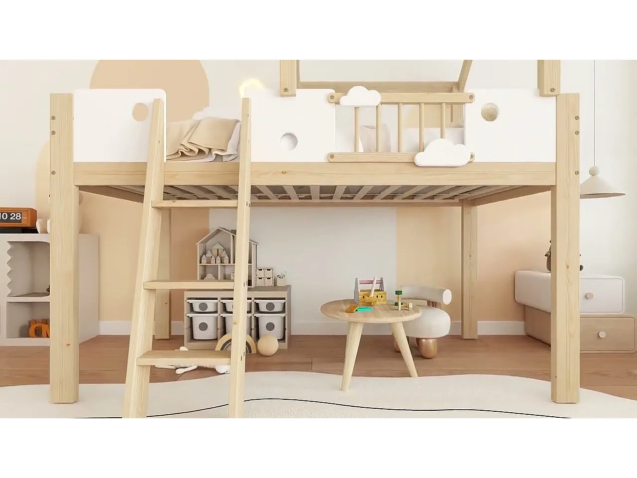 Lit mezzanine 90x200cm - avec la forme de la maison et garde-corps - échelle à 3 marches - bois massif + MDF - Naturel