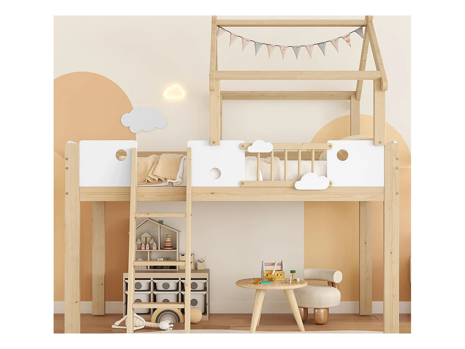 Lit mezzanine 90x200cm - avec la forme de la maison et garde-corps - échelle à 3 marches - bois massif + MDF - Naturel