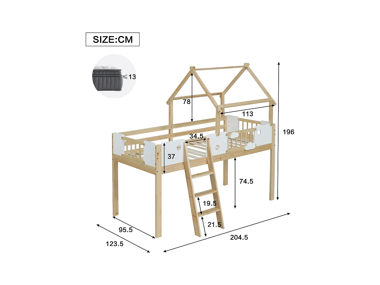 Lit mezzanine 90x200cm - avec la forme de la maison et garde-corps - échelle à 3 marches - bois massif + MDF - Naturel