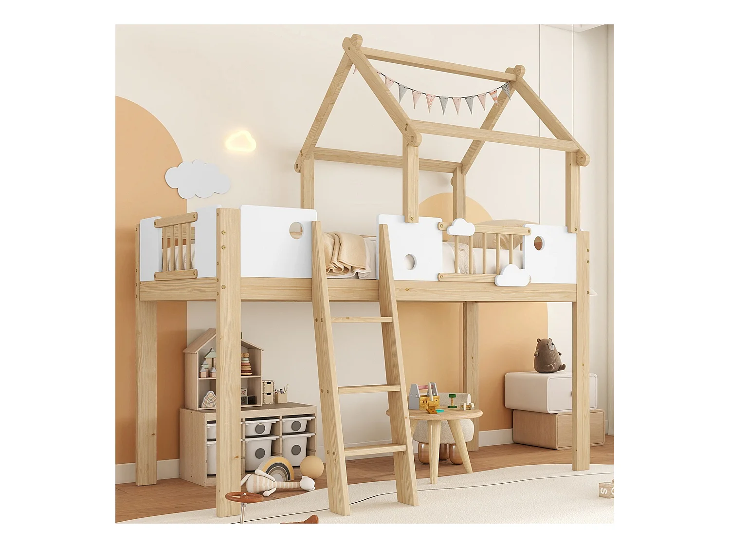 Lit mezzanine 90x200cm - avec la forme de la maison et garde-corps - échelle à 3 marches - bois massif + MDF - Naturel