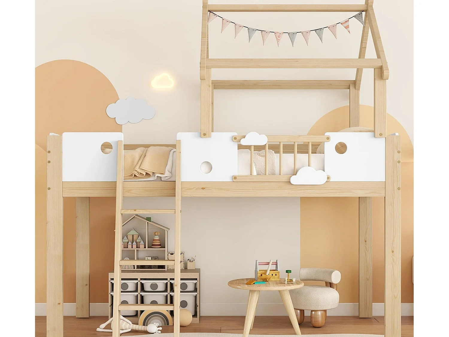 Hochbett 90×200 cm - mit Häuschen-Design und Schutzgitter - 3-stufige Leiter - Massivholz + MDF - natur