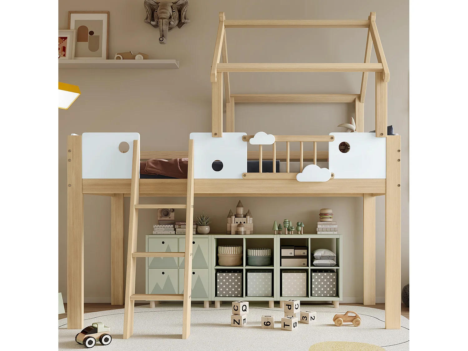 Hochbett 90×200 cm - mit Häuschen-Design und Schutzgitter - 3-stufige Leiter - Massivholz + MDF - natur