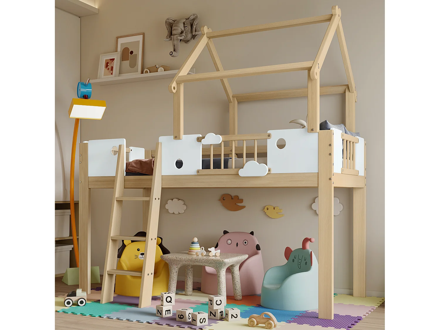 Hochbett 90×200 cm - mit Häuschen-Design und Schutzgitter - 3-stufige Leiter - Massivholz + MDF - natur