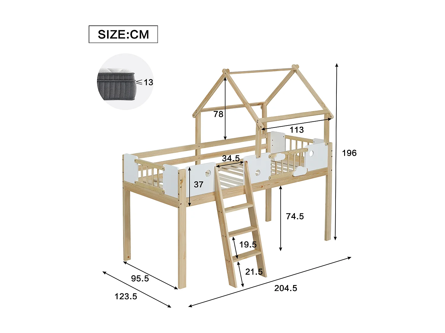 Hochbett 90×200 cm - mit Häuschen-Design und Schutzgitter - 3-stufige Leiter - Massivholz + MDF - natur