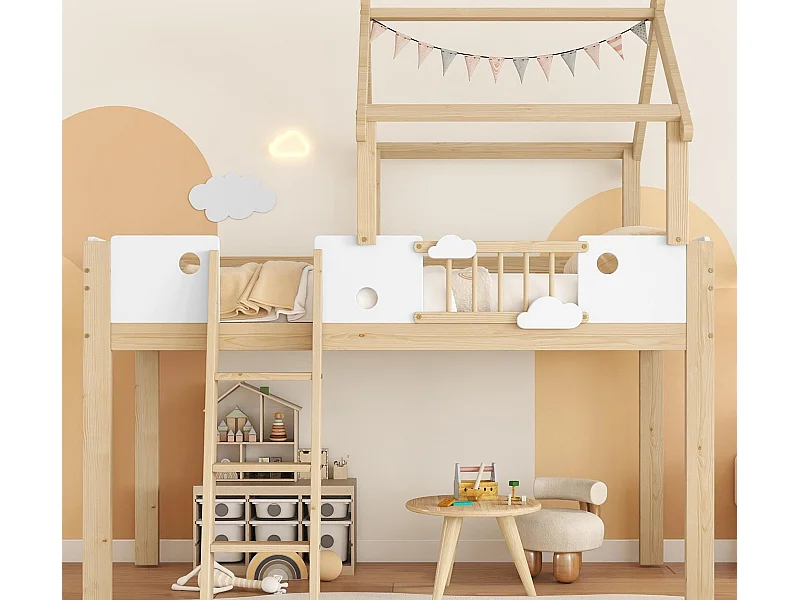 Hochbett 90×200 cm - mit Häuschen-Design und Schutzgitter - 3-stufige Leiter - Massivholz + MDF - natur