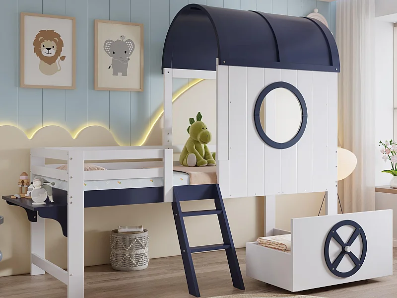 Hochbett 90×200 cm - mit 1 Schublade - mit Dach und Schutzgitter - 2-stufige Leiter - Massivholz + MDF - weiß + dunkelblau