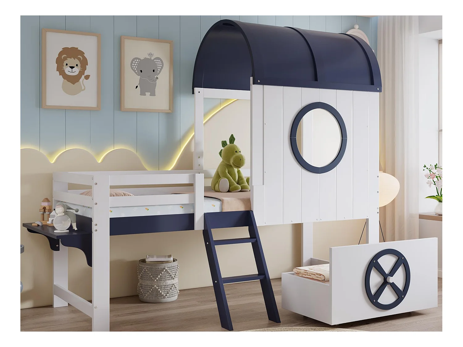 Łóżko piętrowe 90×200 cm - z 1 szufladą - z daszkiem i barierką - drabina 2-stopniowa - lite drewno + MDF - biały + ciemnoniebieski