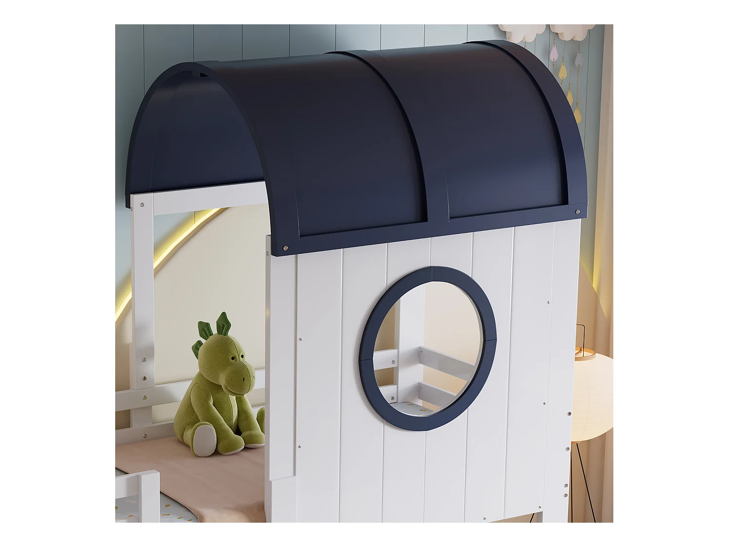 Łóżko piętrowe 90×200 cm - z 1 szufladą - z daszkiem i barierką - drabina 2-stopniowa - lite drewno + MDF - biały + ciemnoniebieski